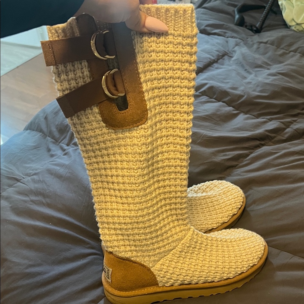 UGG Cream Knit Boots with Brown Buckles